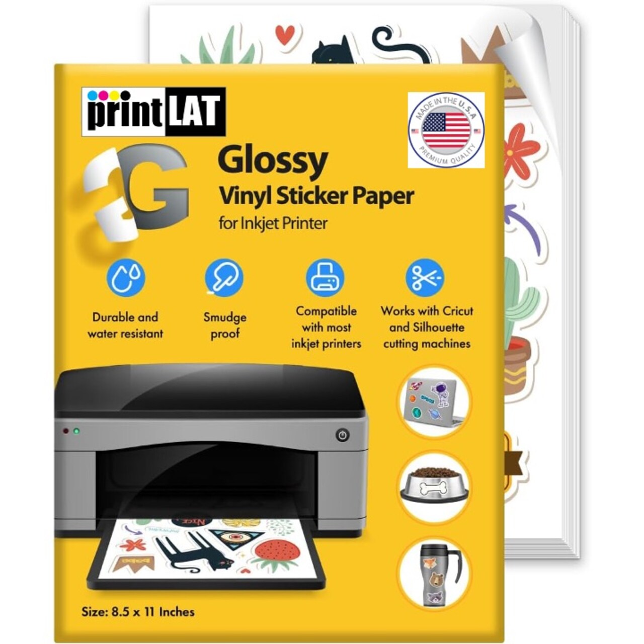 Vinyl Sticker Paper, Glossy Printable Vinyl Sticker Paper for Inkjet Printer, Quick-Drying, Water and Scratch-Resistant, Self-Adhesive for Most Surfaces, 8.5 x 11 Inches